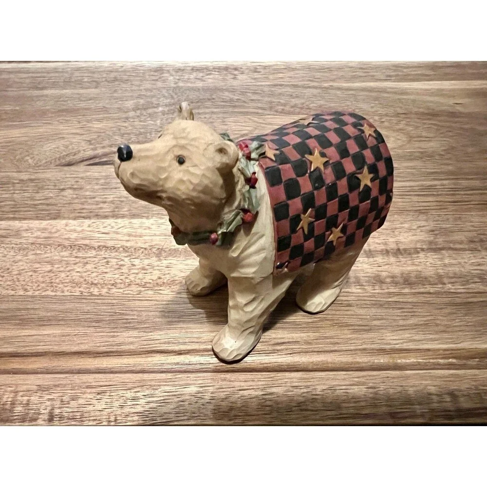 Teresa Kogut Folk Art Checkered Blanket Holy Necklace Christmas Bear Figurine
